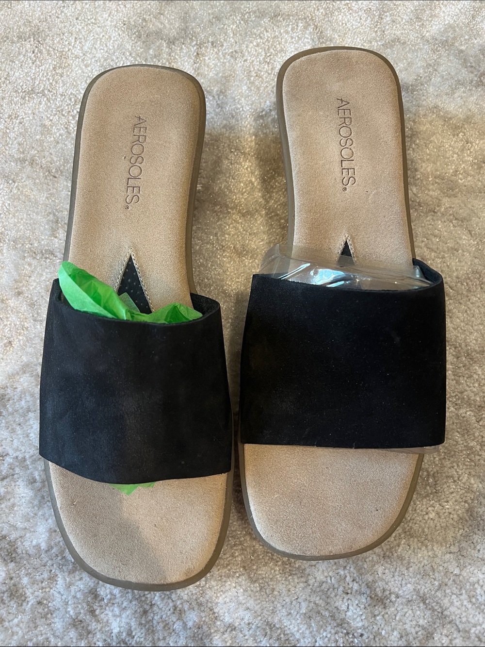AEROSOLES Black Suede Wide Band Slide Sandals